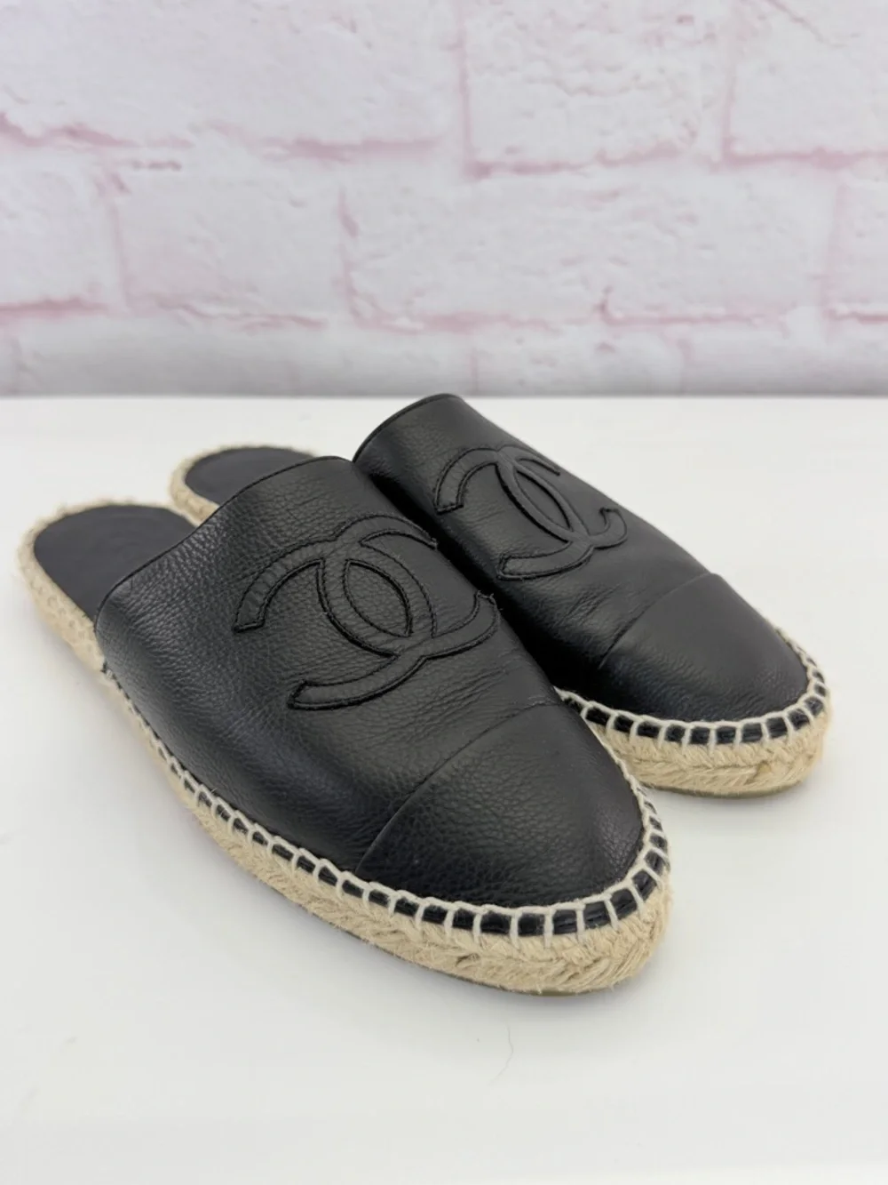 Chanel Goatskin CC Espadrille Mules 39 Black